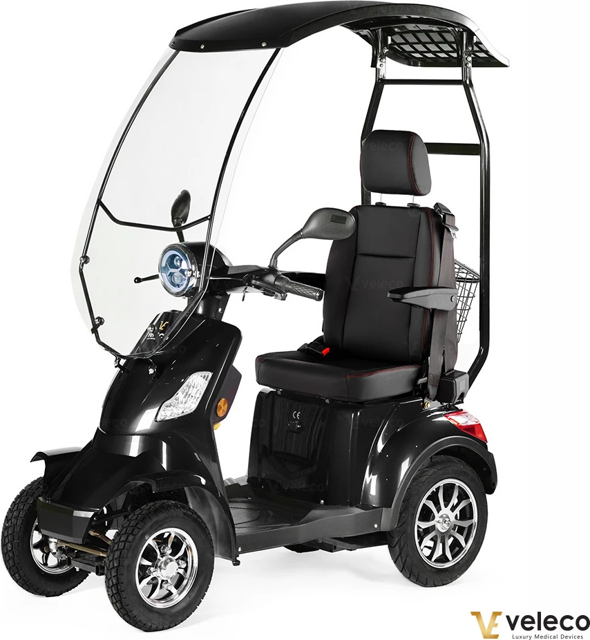 Veleco Faster Seniorenmobil mit Dach und Kapitänssitz - Windschutzscheibe - Hohe Rückenlehne - 4 Rad Elektromobil - Mobilitätsroller -1000W (Schwarz)