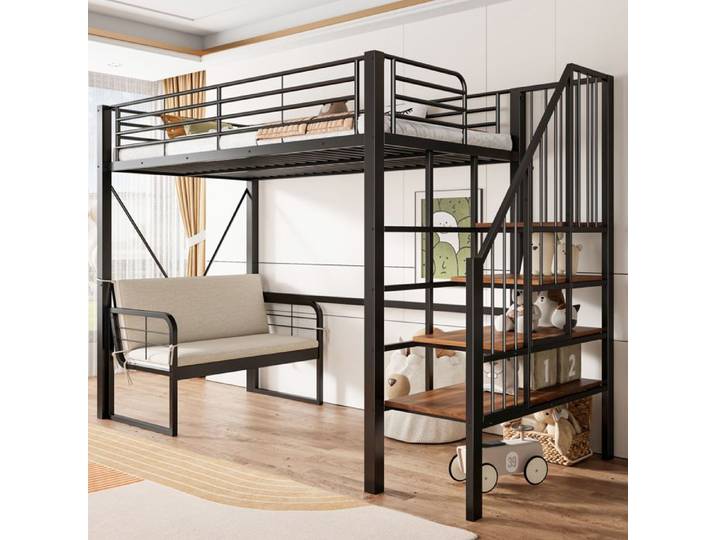 Lit Mezzanine avec canapé - 90x200 cm - Noir - Cadre en métal robuste - Canapé rembourré amovible