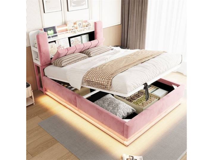 Lit coffre 140x200cm - Lit double 140x200cm & Rangement Tête de Lit - Ports USB - Éclairage LED - Sans matelas - Rose