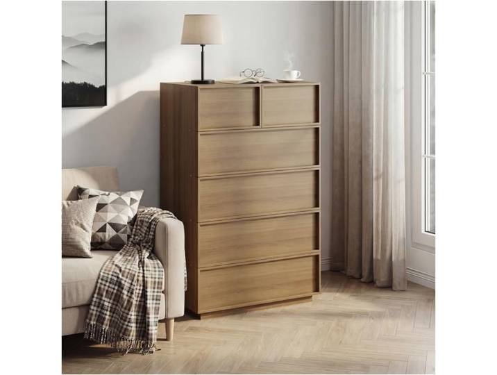 Commode de chambre 80 x 48 x 127 cm avec 6 Tiroirs - Style scandinave - Design épuré sans poignée - Chêne Clair