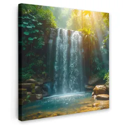 LEINWANDBILD Wasserfall - Dschungel - Sonne - Grün - Natur Deko Wohnzimmer 20x20 cm