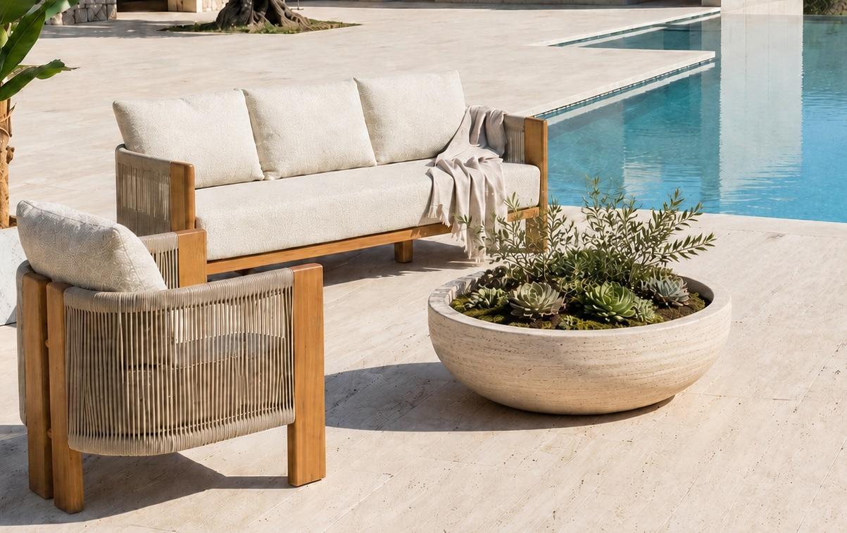 Gartenlounge Set 3Sitzer Sofa Sessel Beige Kissen Bequem