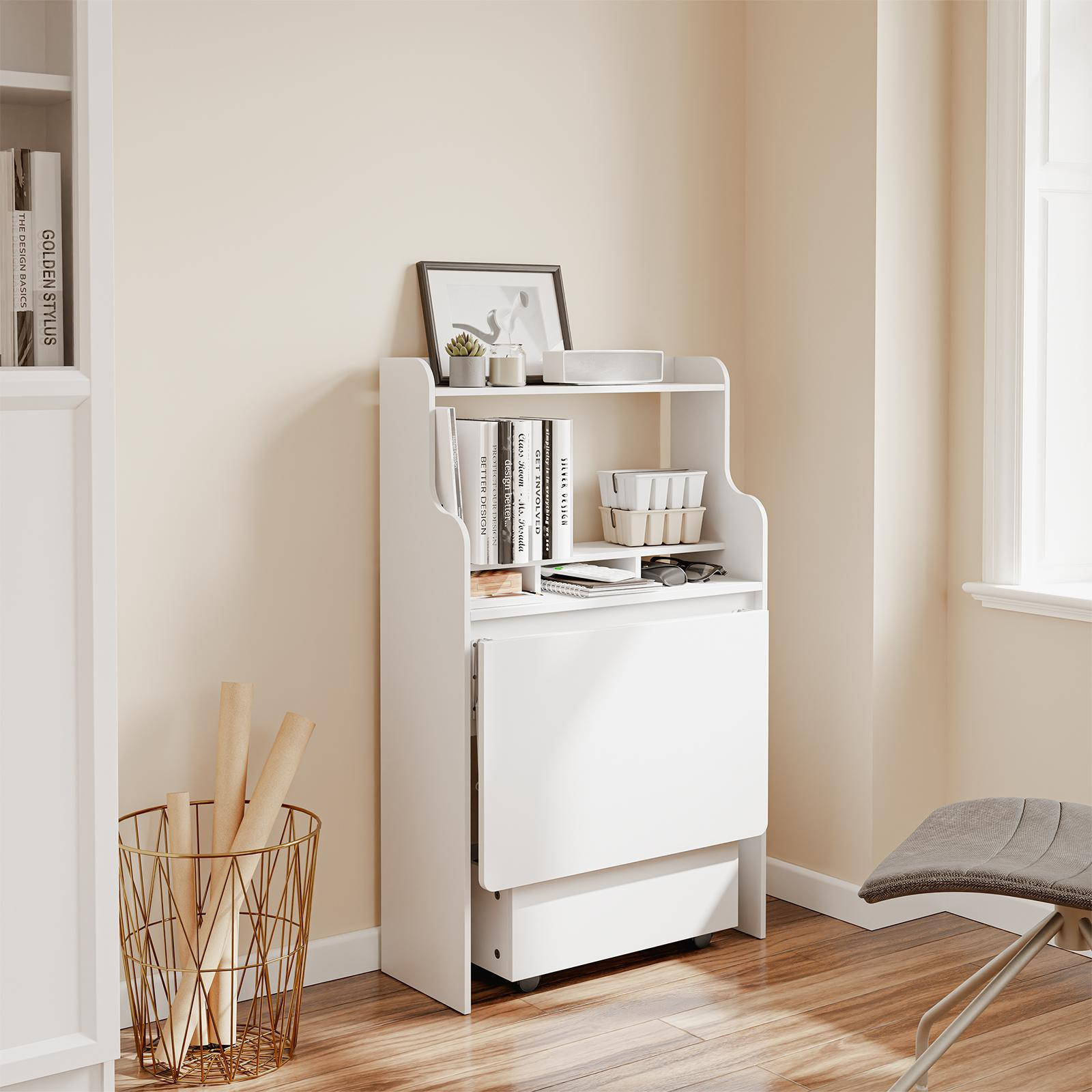 SoBuy Opklapbare wandtafel met planken, wit, model FWT105-II-W