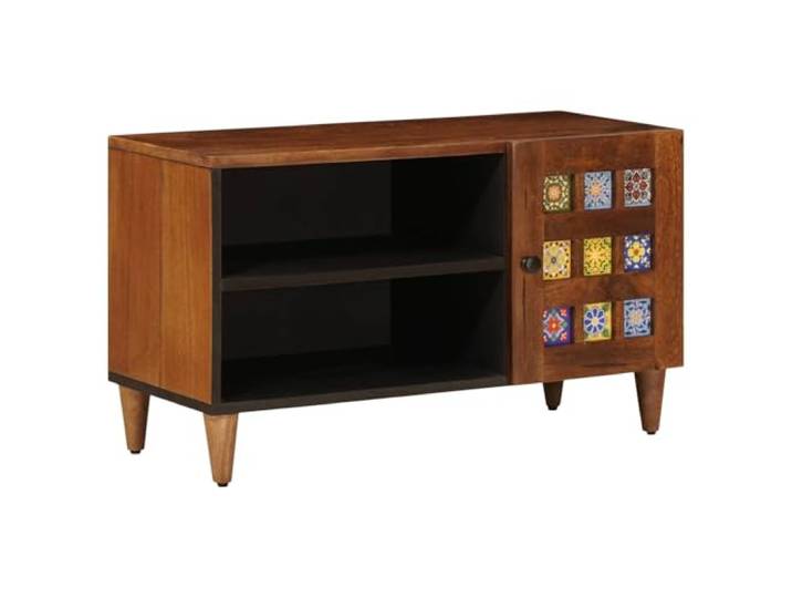 TV-Schrank mit Tür Walnuss 80 x 33 x 46 cm Massivholz Mango Mangoholz,Knopfgriffe,stabile Füße,schöne Rückseite,Wohnzimmer,Lounge,Heimkino,weiches Tuch