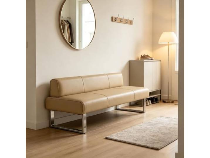 Moderne, tuftete Empfangsbank mit Rückenlehne und gepolstertem Hocker Tragkraft 300 kg, PU-Leder, Metallgestell – Sitzgelegenheit für den Empfangsbereich von Salons(Khaki,39.4in/100cm)