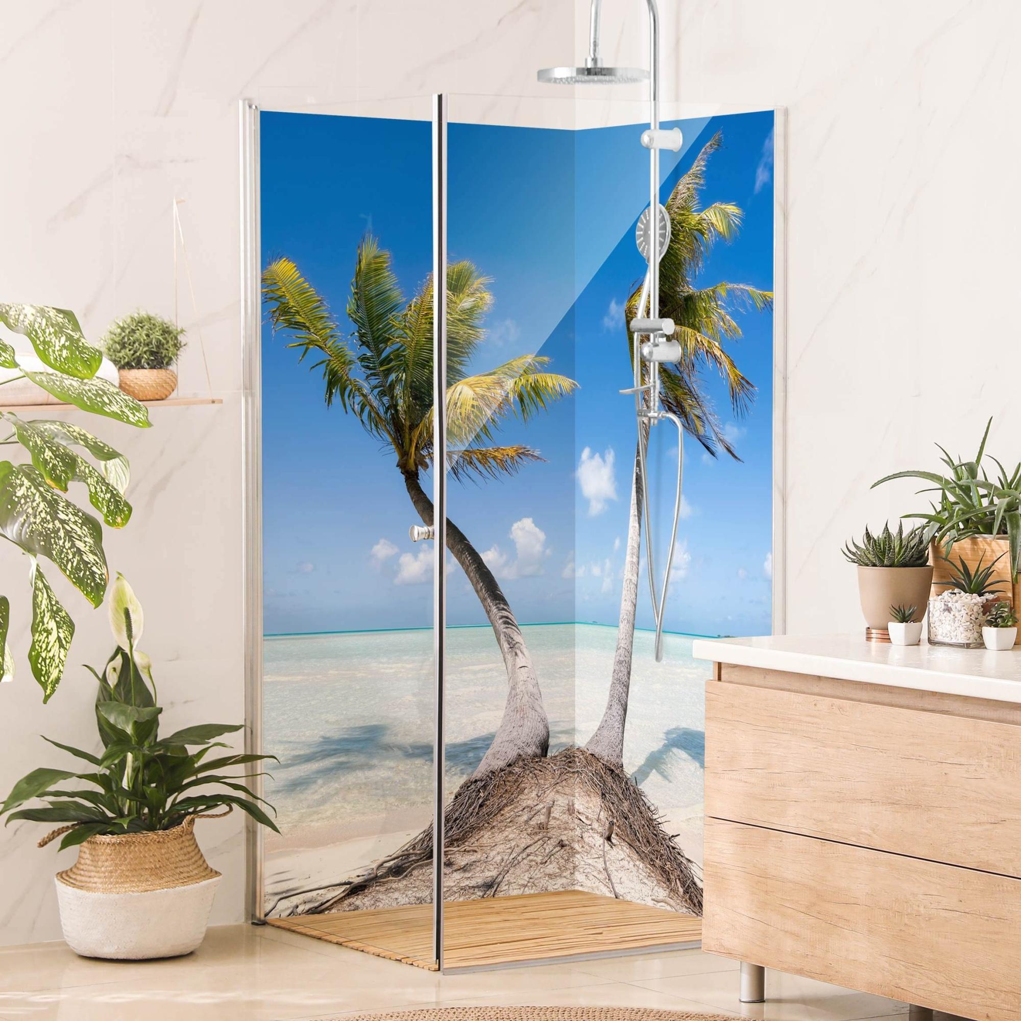 Duschrückwand Strand selbstklebend - 0.35 mm Wandpaneel wasserfest Palme blau Tropisch Badrückwand fugenlos Smart matt 110x210 cm