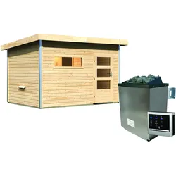 Karibu Saunahaus Skrollan 2 naturbelassen-9 kW Ofen inkl. Steuergerät-Moderne Saunatür (Klarglas)