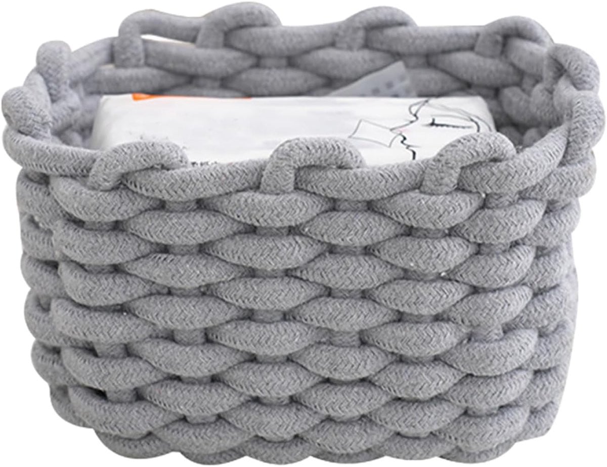 SnelShoppen Small Braided Cotton Storage Basket - Stapelbare Vierkante Opbergmand van Katoen voor Keuken, Badkamer of Kast