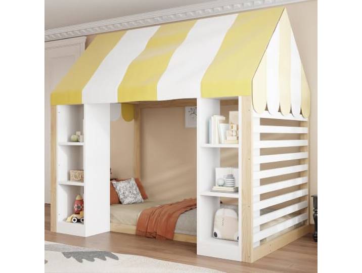 Aunvla Kinderbett im Landhausstil, 90 x 200 cm, mit Himmelbett, offenem Stauraum vorne und Holzrahmen, Holzfarbe+weiß