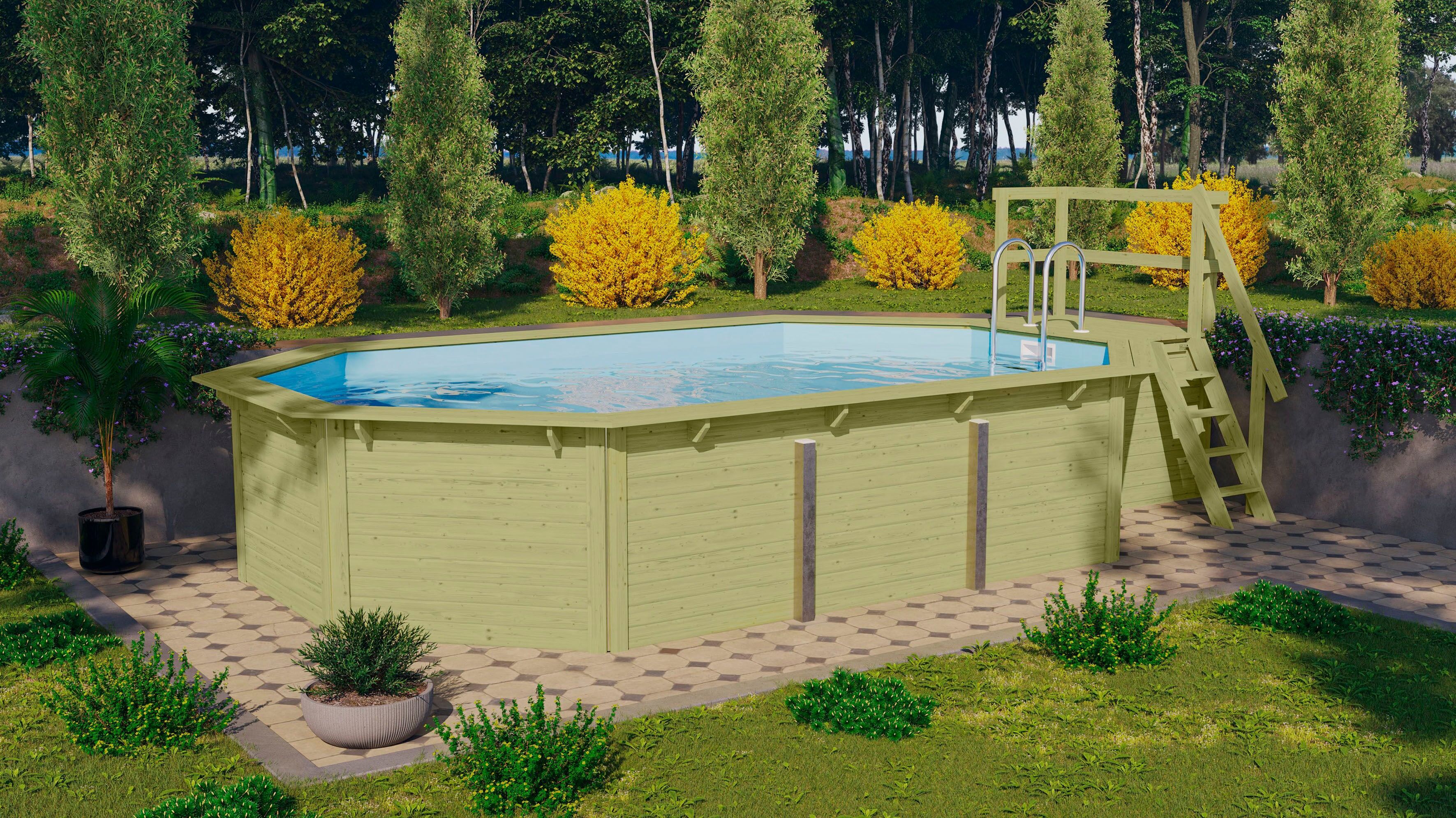 Achteckpool KARIBU "Rimini 4X mit Sonnendeck", beige (braun), B:690cm H:121cm L:400cm, Schwimmbecken, BxLxH: 690x400x121cm