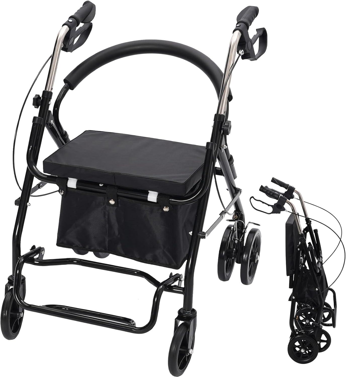 Faltbarer und leichter Rollator mit Sitzfläche, Einkaufskorb und als leichte Gehhilfe für Senioren geeignet. Er verfügt über höhenverstellbare, robuste Räder und ist ideal für den täglichen Gebrauch