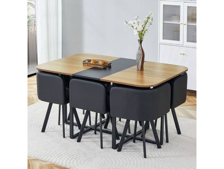 WOVREO Ensemble table a manger extensible et chaises 4 a 6 personnes aspect bois metal noir