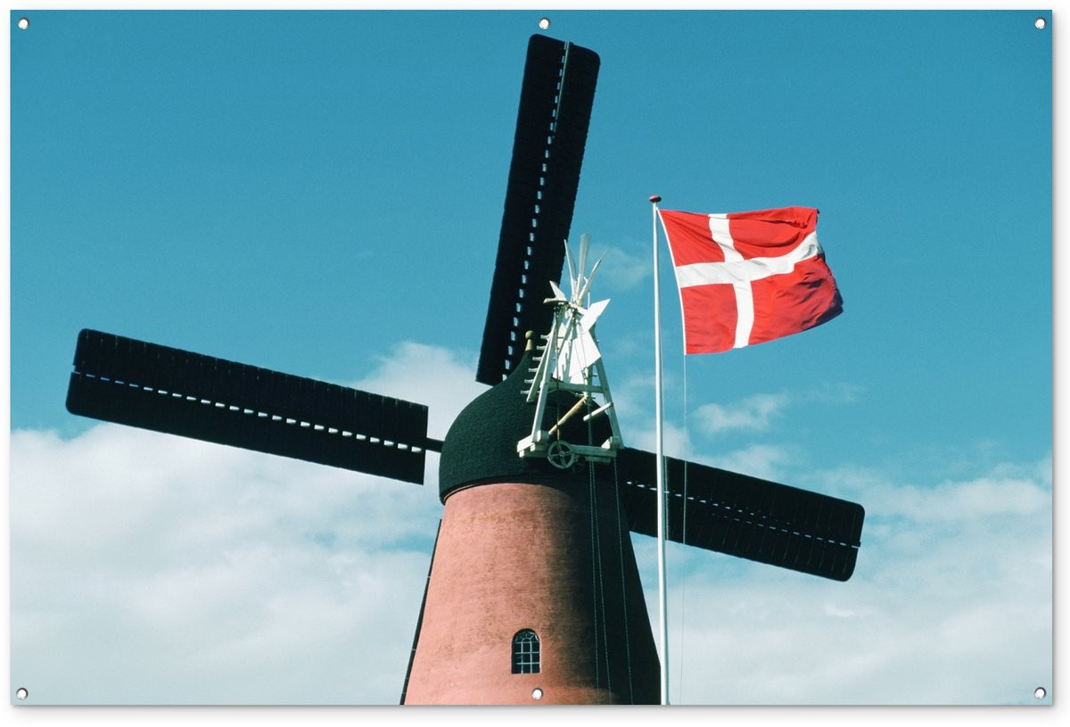 Tuindecoratie Tuinposter De vlag van Denemarken aan een windmolen, B/D/H: 180 x 120 cm