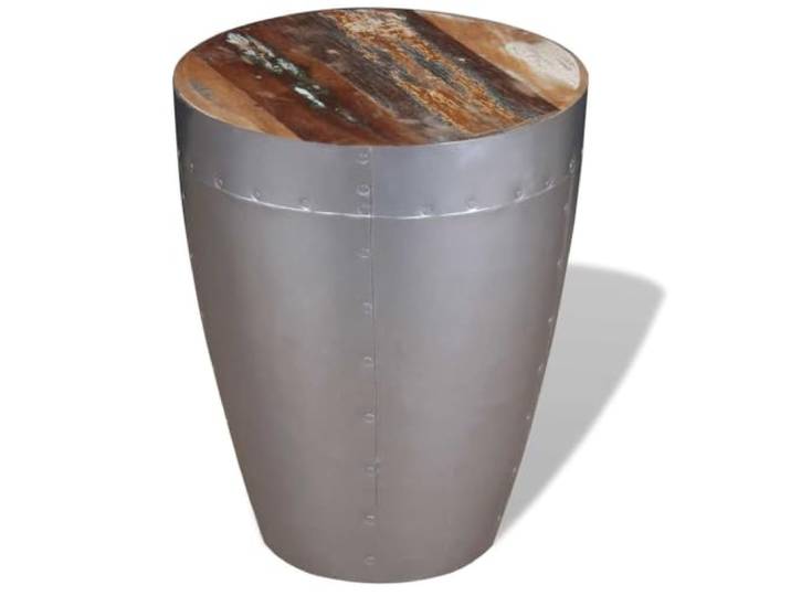 Foknhdi Hocker Altholz Beistelltisch Vintage Industrie Design 36x44 cm Handgefertigter Holz Hocker mit Alu Verkleidung für Wohnzimmer, Küche und Flur, vielseitig als Ablage nutzbar.