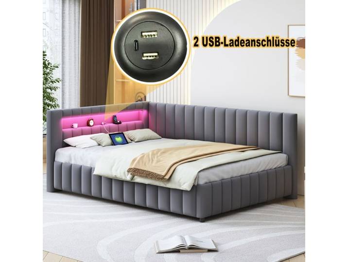 SENVIRO Lit banquette – Velours gris forme en L avec LED et port USB
