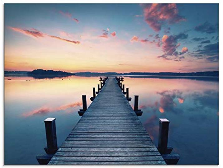 ARTland Wanddeko Glasbilder Wandbild Glas Bild einteilig 80x60 cm Querformat Natur Landschaft See Sonnenuntergang Steg Pier Wald Himmel Sonne T9QL