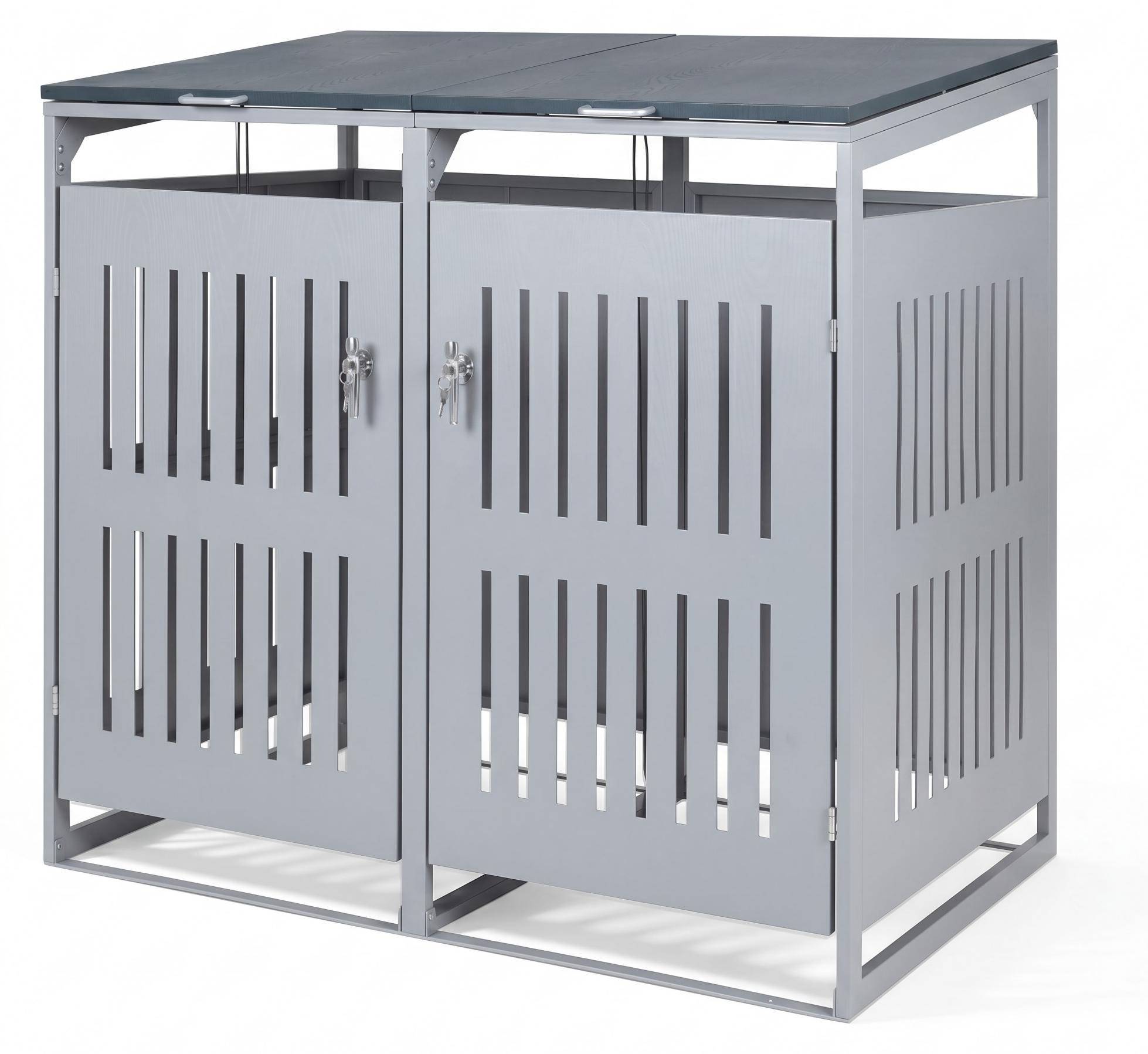 KOMFOTTEU Mülltonnenbox 2er 240L, Verzinkter Stahl, Outdoor Mülltonnenverkleidung mit Stoßdämpfern, Gasdruckfeder & abschließbarer Tür, Mülltonnecontainer für Hinterhof (Warmgrau)