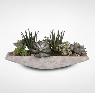 Assorted Artificial Succulents with Natural Pebbles in a Stone Boat - Green