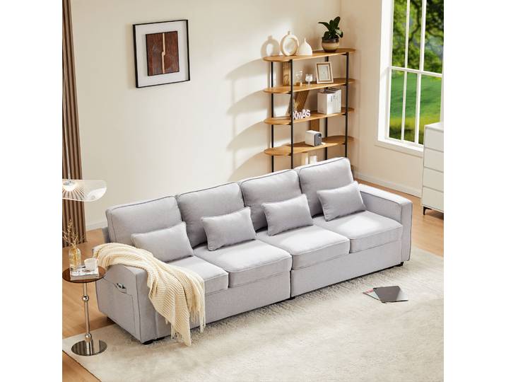 Canapé quatre places en tissu lin moderne PINGGO avec accoudoirs et quatre coussins, style minimaliste, meubles de salon