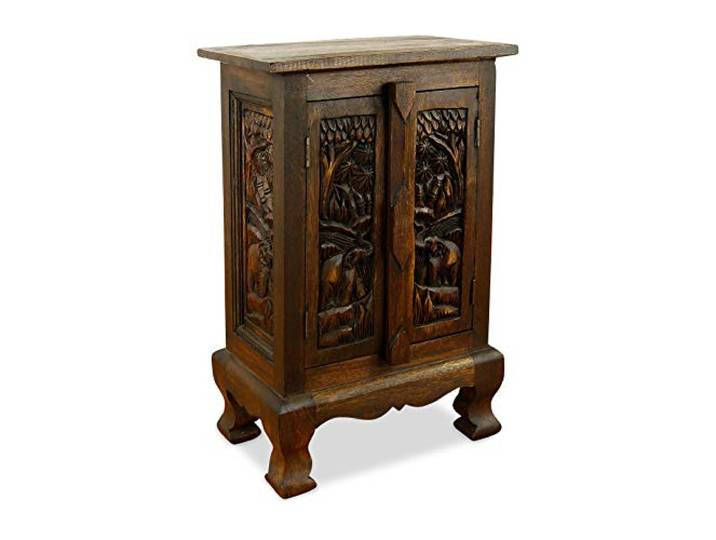 livasia Kleiner Massivholzschrank mit eleganter Elefantenschnitzerei, Kommode der Marke Asia Wohnstudio, Nachtschrank
