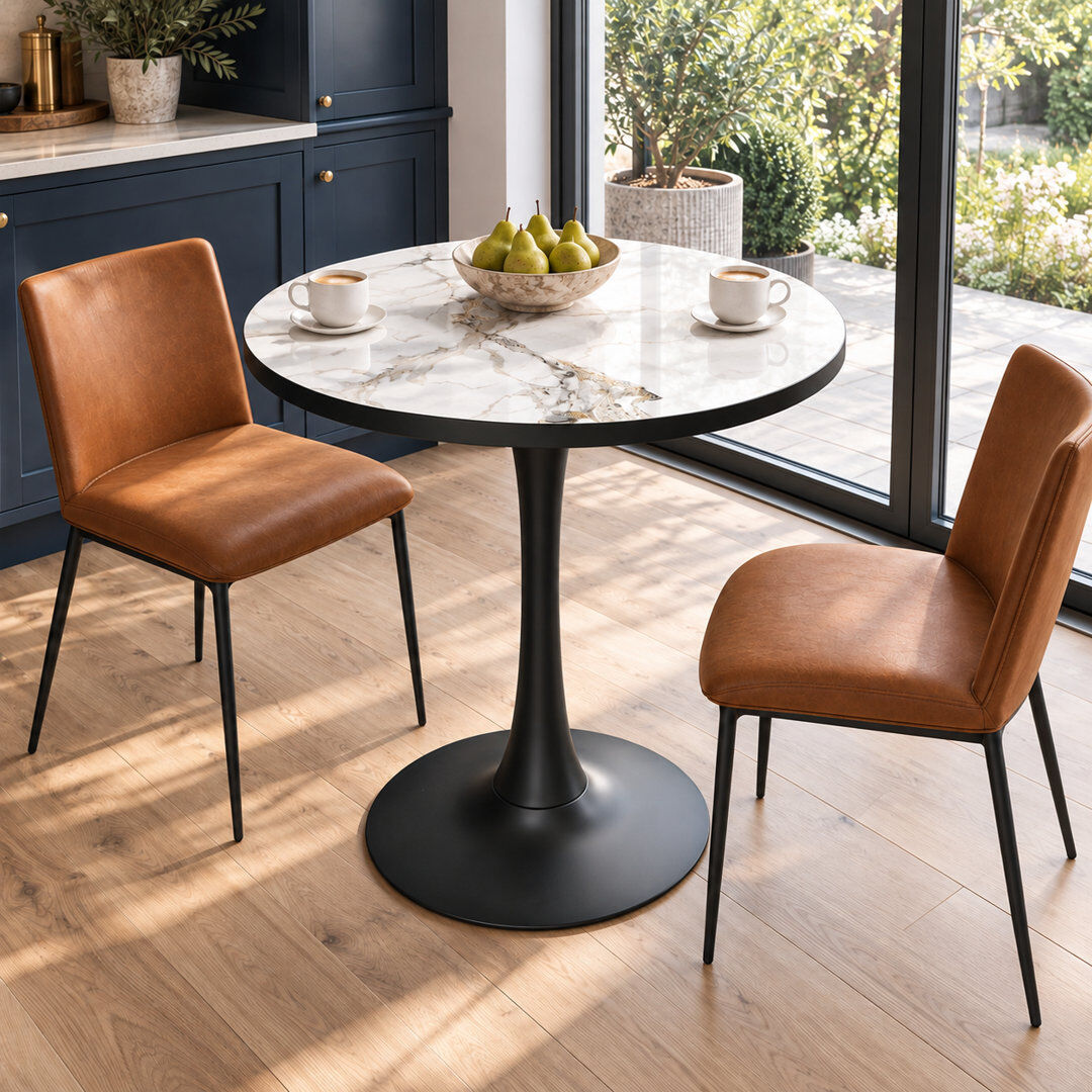 Fativo Round Marble Dining Table Mid-century Table With Metal Pedestal Base, Modern Leisure Table For Small Space Kitchen Dining Room, Easy Assembly, Waterpr White/Grey