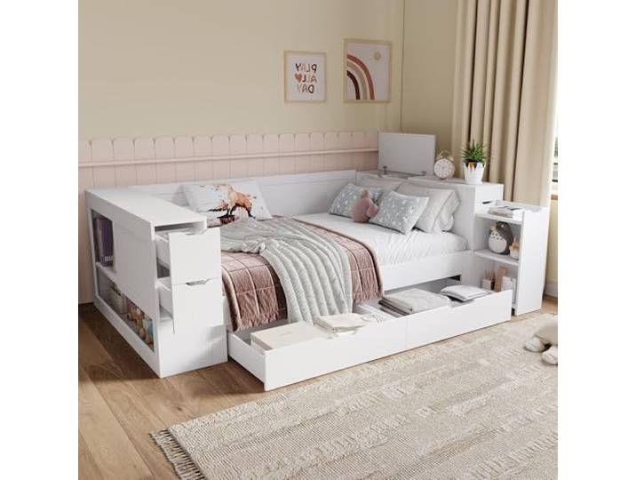 Bellemave Jugendbett 140x200,Nachttisch & Schubladen,MDF Kinderbett,Weiß Stauraumbett,Integrierte Regale,Ausziehbarer Nachttisch,Abgerundete Kanten,Lattenrost inklusive,Für Kinder & Jugendliche