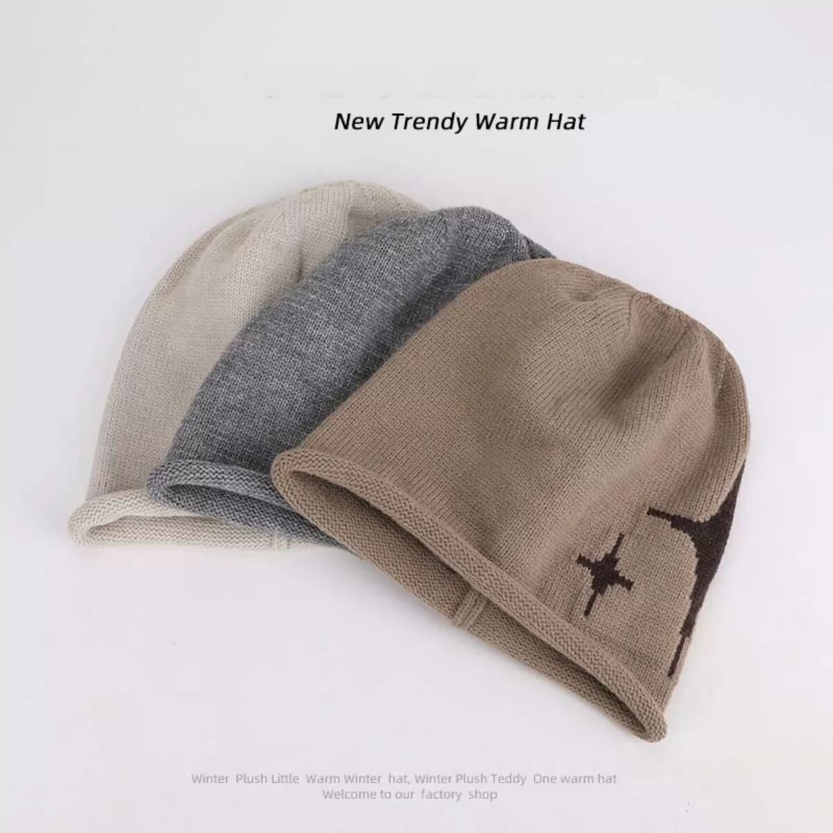 INF Herbst Winter Strickmütze - Warme Mütze mit gefaltetem Rand und Ohrenschutz Khaki