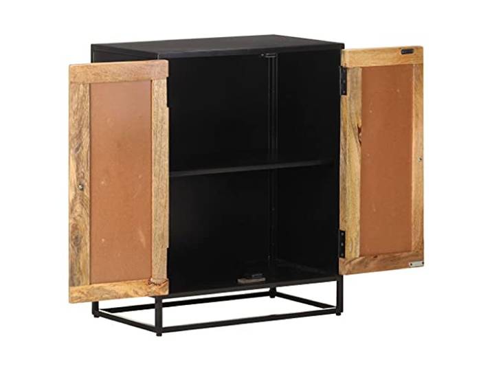 KTHLBRH Sideboard 60 x 35 x 75 cm Massivholz Mango Industrieller Stil, 2 handgeschnitzte Türen, Eisenrahmen, viel Stauraum