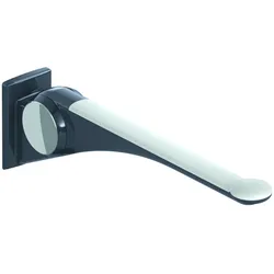 HEWI Stützklappgriff Premium aus der LifeSystem-Serie – stabiler, einarmiger Griff mit ergonomischem Griffpad, Ausladung 900 mm, pulverbeschichtet in Anthrazit glänzend oder Signalweiß matt, Montage auf Edelstahlplatte, getestet bis 150 kg.