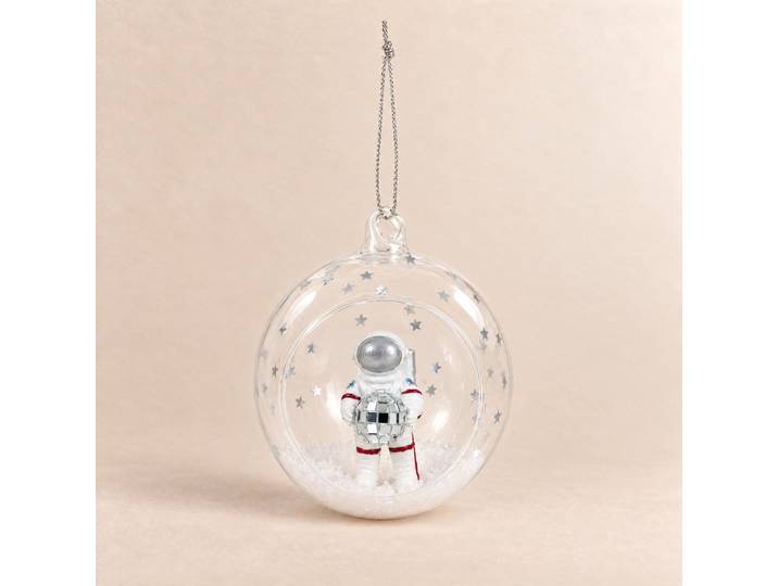 Offene Weihnachtskugel aus Klarglas und weißem Astronauten