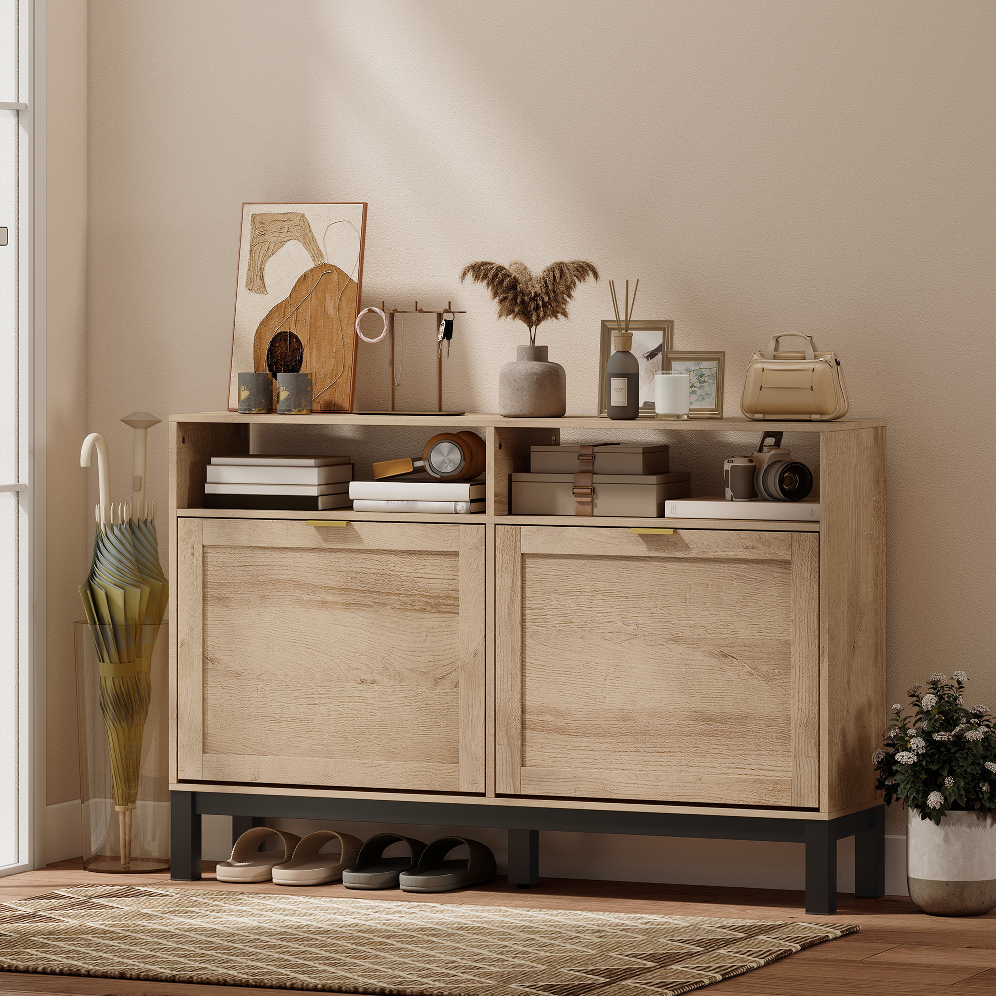 Homcom Scarpiera Salvaspazio Slim con 2 Ante a Ribalta e Ripiani Regolabili Rimovibili per 8 Paia, Color Noce   Aosom Italy