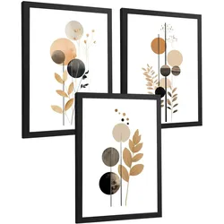 POSTER 3er-Set Wandbilder Geometrische Blumen modern Wohnzimmer Deko, Schlafzimmer, Küche, Badezimmer Schwarzer Rahmen A3