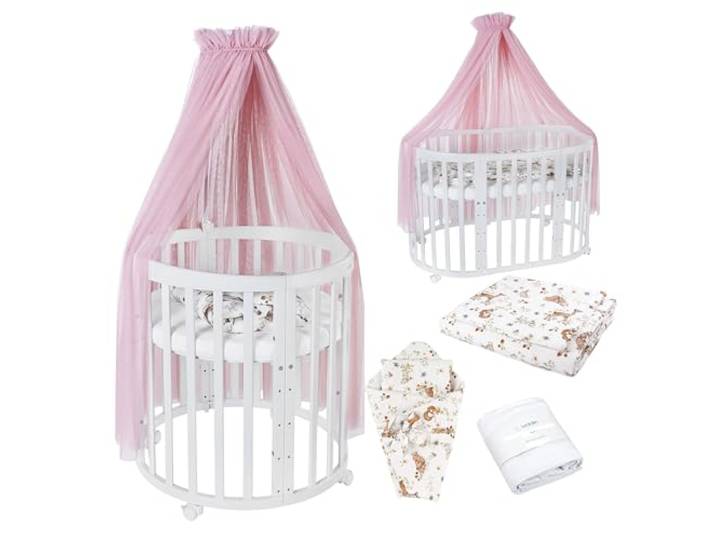 Waldin Babybett Oval 7in1 aus Holz mit Matratze, Rollen, Regal, Weiß Stoffset Rosa Tiere, mitwachsend, Beistellbett, Laufstall, Kinderbett, höhenverstellbar, Wiegefunktion optional