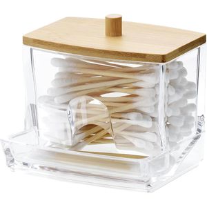 Navaris Wattestäbchenbehälter transparent, mit Bambusdeckel, 8,7 x 9,3 x 5,3 cm, aus Kunststoff