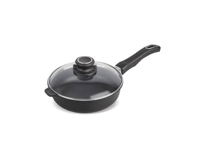 Pfannen-Set Original Gundel GUSS-BRATPFANNE INDUKTION hoch, Ø 20 cm, Höhe 6,5 cm, PFOA-frei, abnehmbarer Designer-Stiel, inklusive Glasdeckel