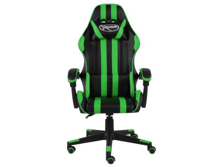 Gaming Sessel Schwarz & Grün aus Kunstleder, Drehbar, Geklopft, Verstellbare Höhe, 360 Grad Rollen, 5 Rollen, Schwenkkissen, Kopfstütze, Armlehnen, leichte Reinigung