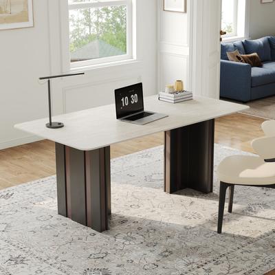 OSFEI "63"" Modern Rectangular 2-in-1 Writing Desk & Dining Table, Travertine Sintered Stone Top, Stainless Steel Double Base"