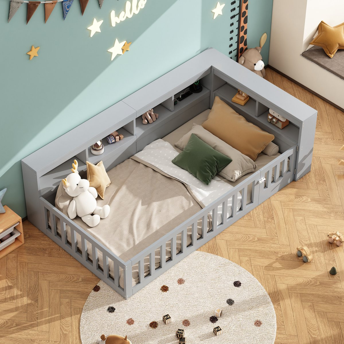 STILVORA Eenpersoonsbed 90x200 cm – Dagbed met Opbergvak en USB/Stopcontact – Grijs