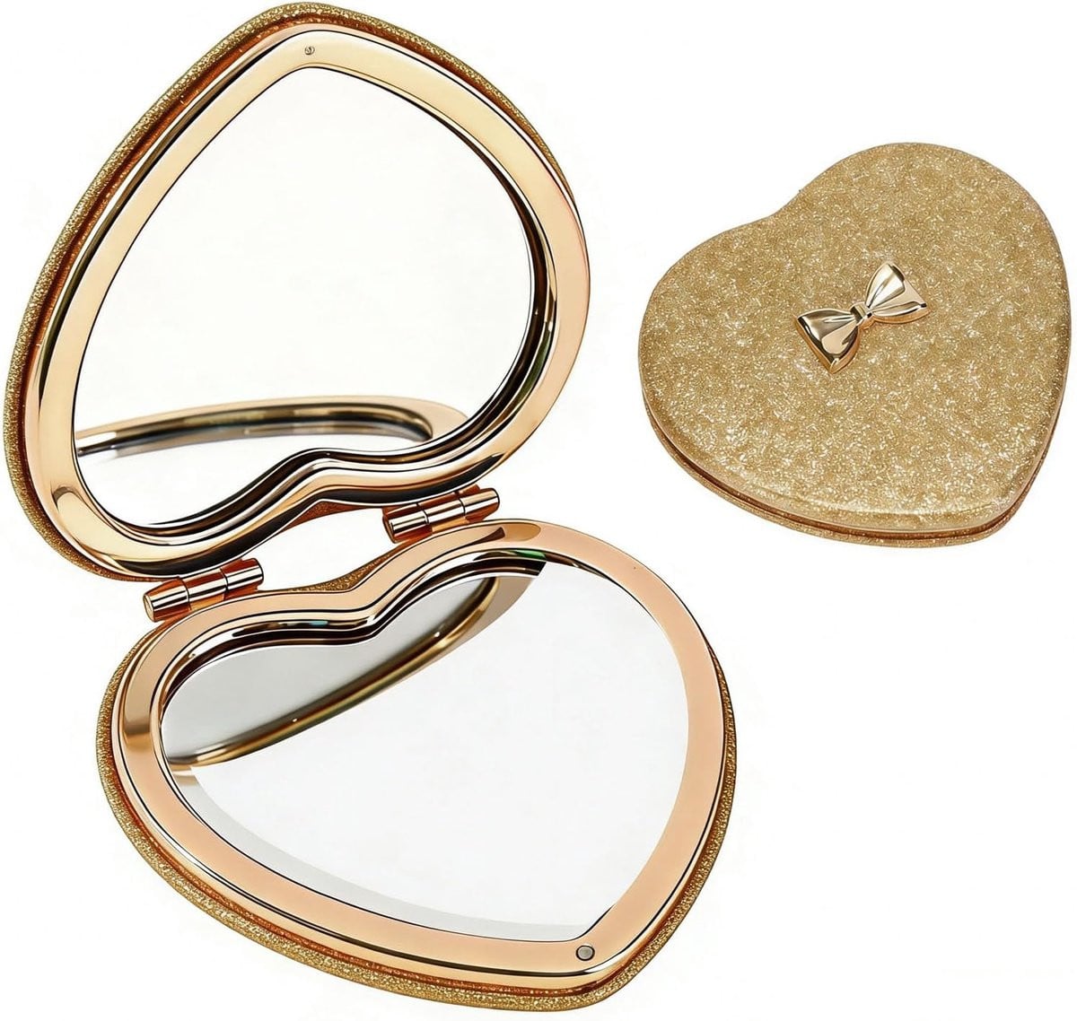 Compacte hartvormige zakspiegel met glitter - Goud - 7,5 cm - Dubbelzijdig 1x/2x vergroting