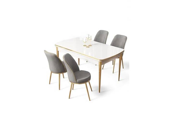 Hanah Home Modern Extendable Dining Table & Chairs Set (5 Pieces) - 100% MDF, Metal Legs, White/Gold/Grey, Perfect for Stylish Dining Spaces