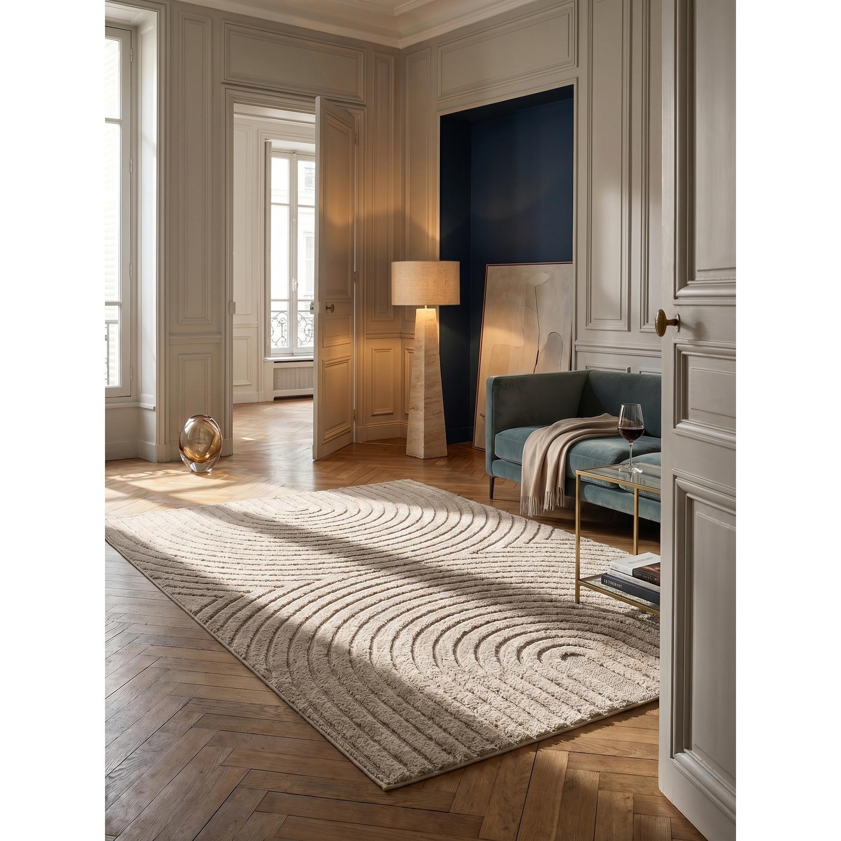 Hochflorteppich Organische Bögen mit 3D-Effekt Beige 60x110 cm Waschbar
