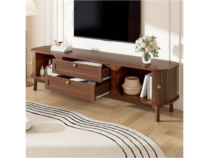 Meuble TV Noyer Aspect Bois Banc TV Contemporain FloraGrace Pour Salon Rangement 2 Tiroirs 2 Portes 170x39 5x46cm