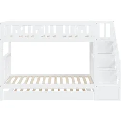 OKWISH Etagenbett aus Holz in Weiß, 90x200 cm, mit Ausziehbett 90x190 cm, Sicherheitsstufen mit Stauraum und Lattenrost