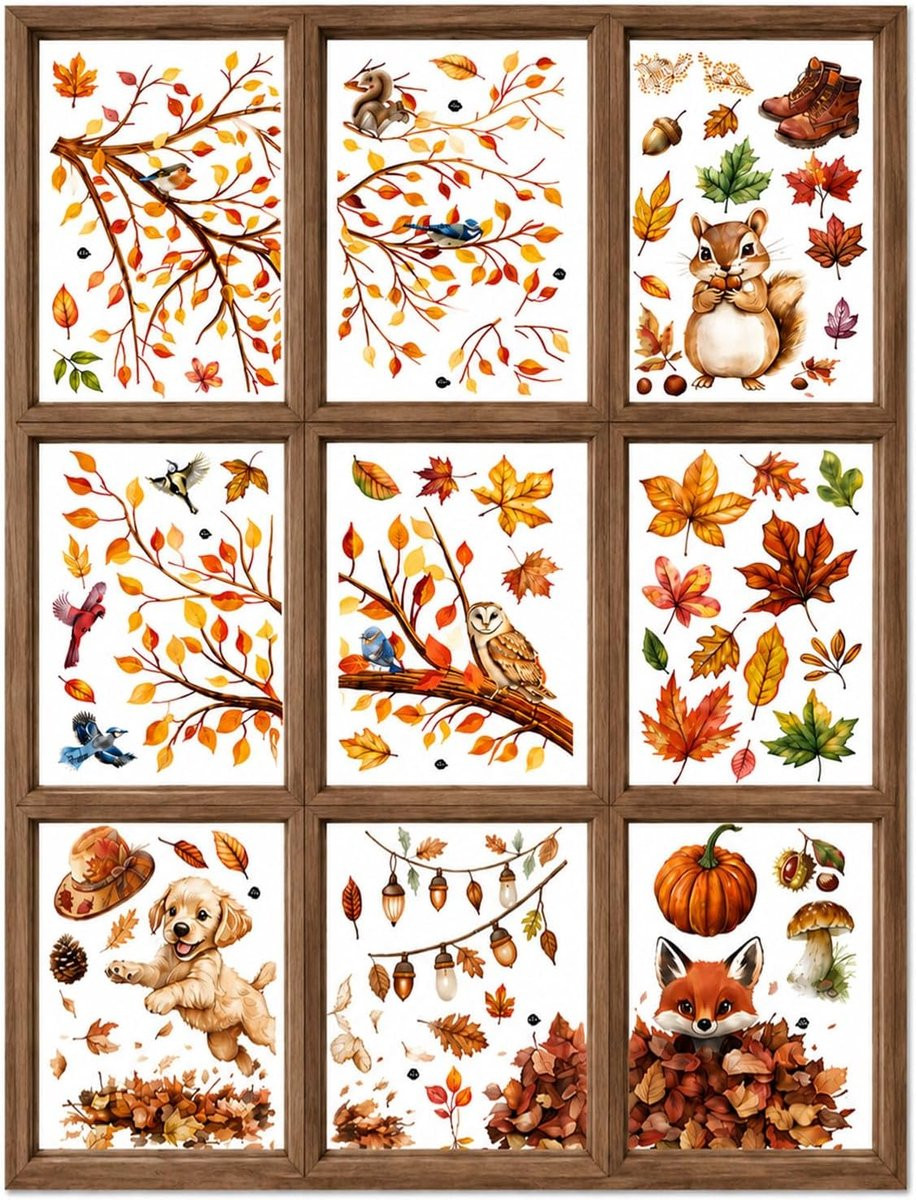 9 Stuks Herfst Raamstickers met Esdoornbladeren - Herbruikbare Raamdecoratie voor Thanksgiving en Binnenhuisdecoratie