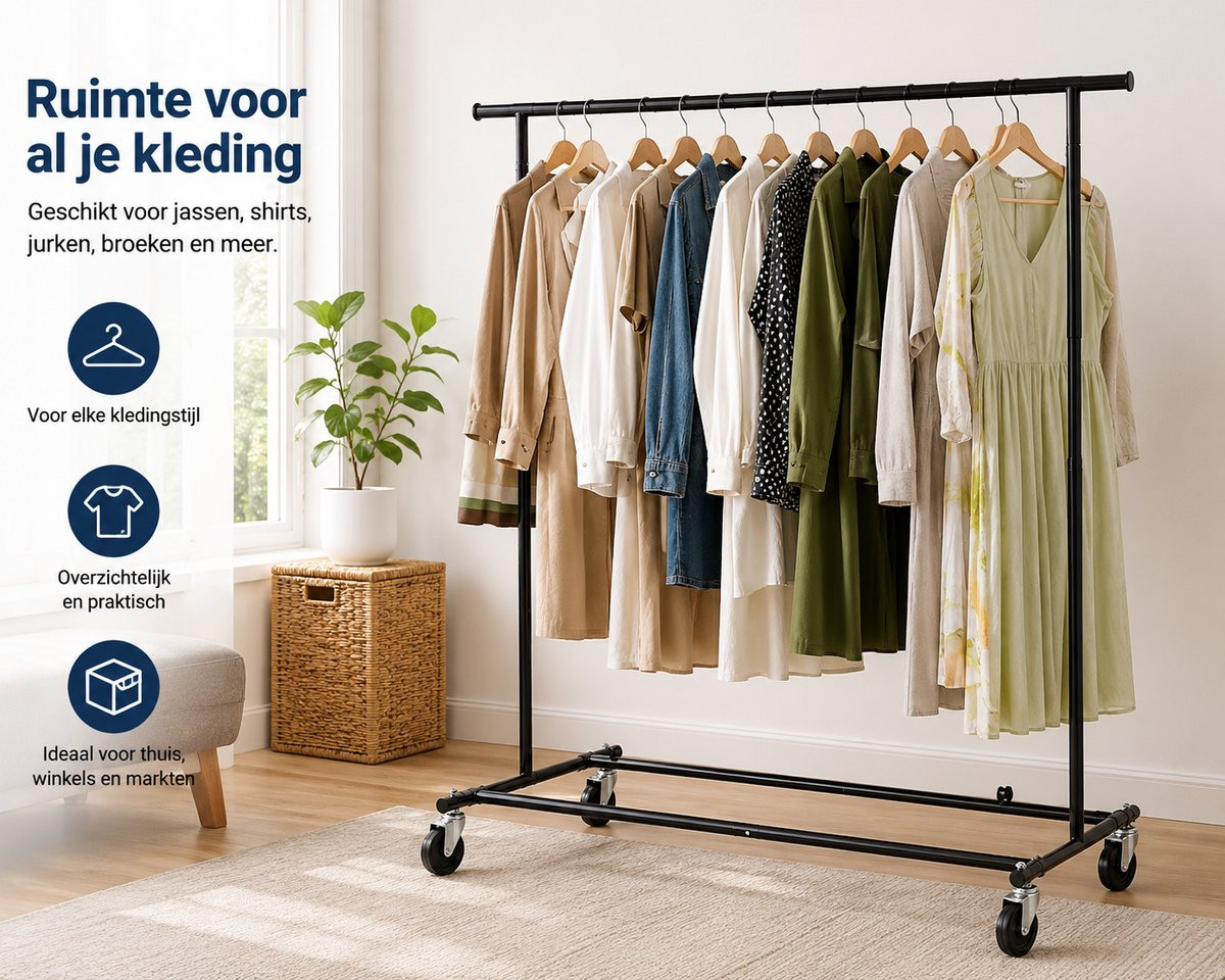 Tatkraft Derek Heavy Duty Verrijdbaar Kledingrek - Verstelbaar Kledingstandaard in Verchroomd RVS - Draagvermogen 70 kg - URBAN