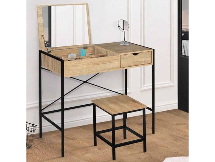 IDMARKET Coiffeuse LUIS miroir rabattable avec tabouret design industriel