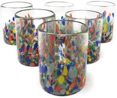 Dos Sueños Dos Suenos Hand Blown Mexican Drinking Glasses - Set of 6 Confetti Carmen Tumbler Glasses (10 oz each)