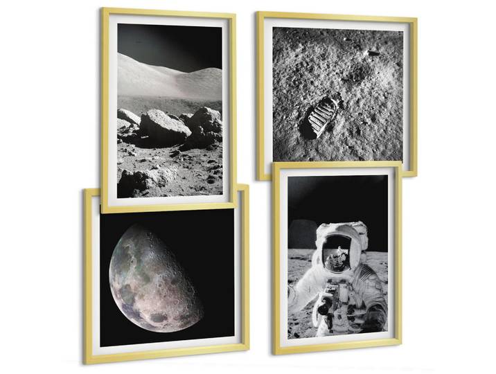 Tulup Bilder SET 4er Set - 50x50 cm & 40x60 cm Goldrahmen - Fußabdruck eines Astronauten auf dem Mond, Goldfarben, Kunststoff, Rechteckig, 50x50 cm, einfache und schnelle Anbringung, Bilder & Rahmen, Bilder