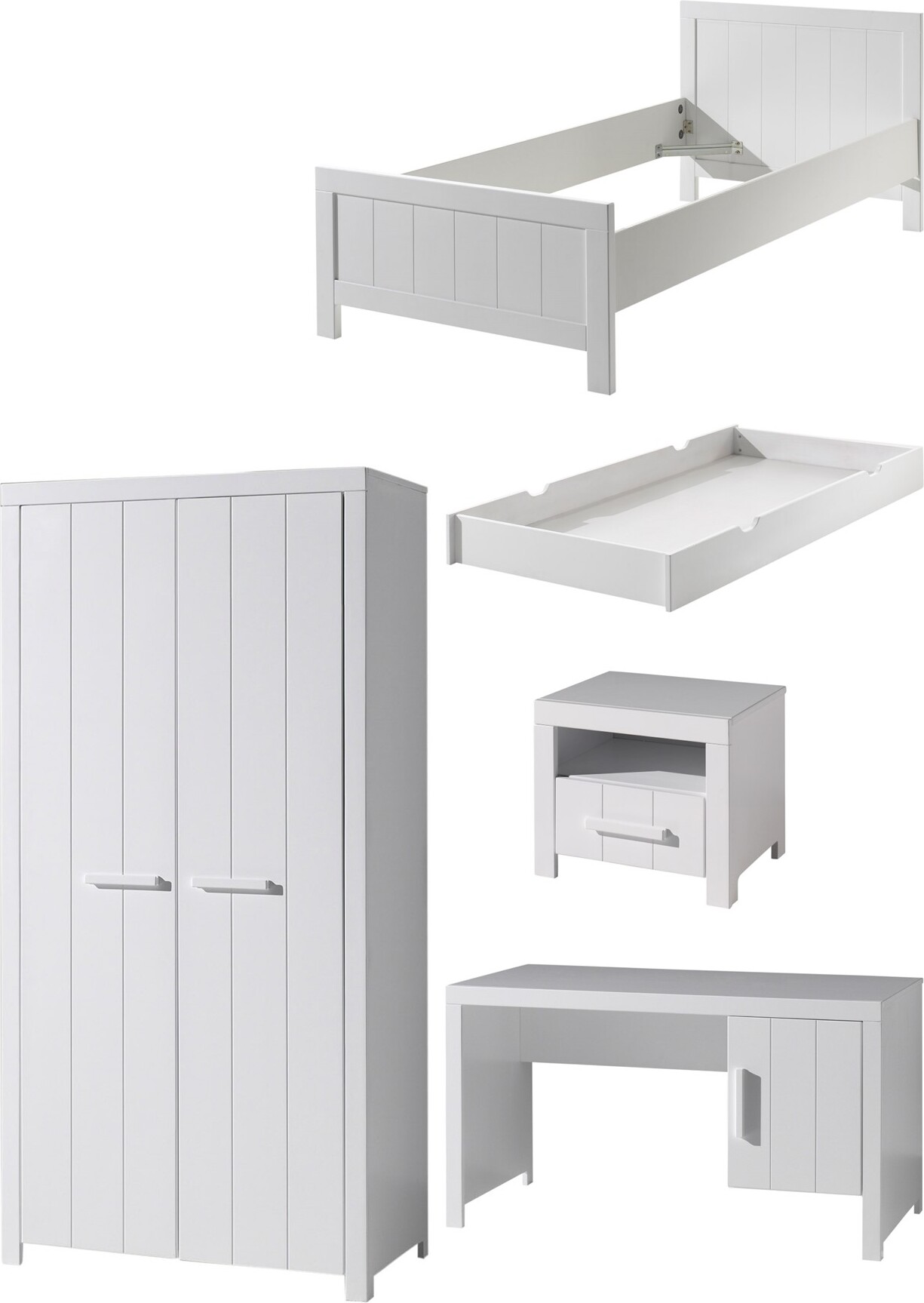 Diese ERIK-Kombination in Weiß besteht aus einem Bett (90x200) mit passendem Rollbett, Nachttisch, 2-türigem Kleiderschrank und Schreibtisch.