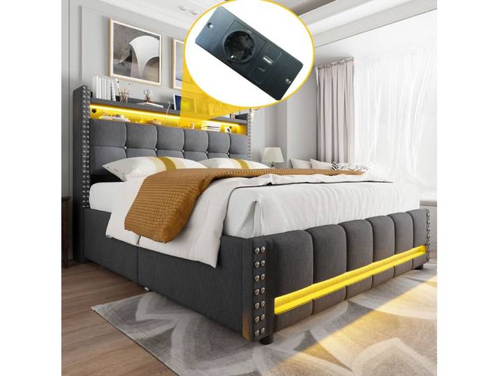WUVRIE Lit double rembourré 160 x 200 cm avec LED prise USB tête de lit avec rangement et 4 tiroirs gris